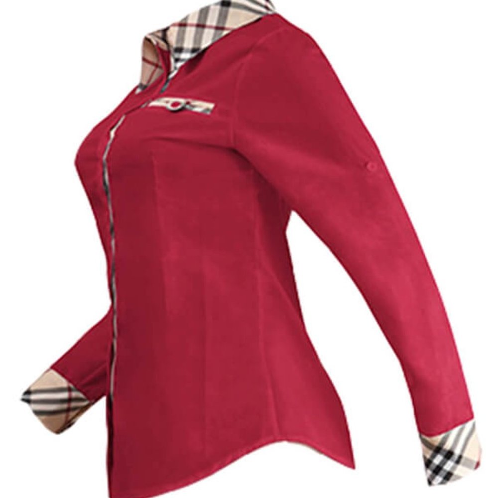 Long Sleeve Plaid Button Down V-Neck Collar Blouse